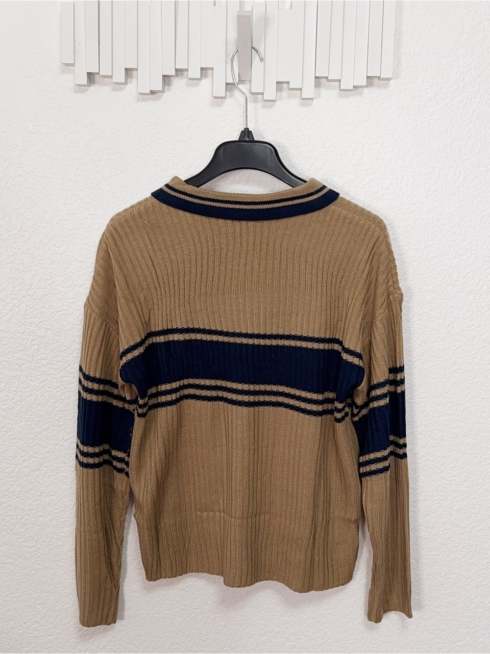 Miss Sparkling Camel Navy Striped Polo Collar Knit Sweater - Picture 6 of 6
